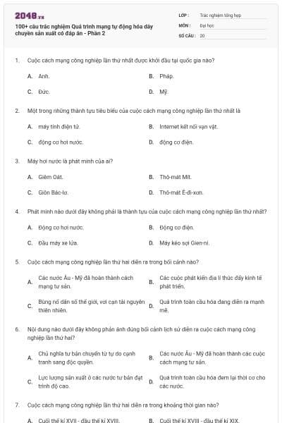 100+ câu trắc nghiệm Quá trình mạng tự động hóa dây chuyền sản xuất có đáp án - Phần 2