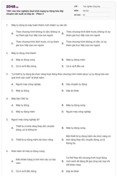 100+ câu trắc nghiệm Quá trình mạng tự động hóa dây chuyền sản xuất có đáp án - Phần 3