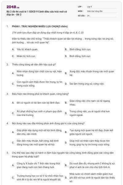 Bộ 2 đề thi cuối kì 1 GDCD 9 Cánh diều cấu trúc mới có đáp án - Đề 2