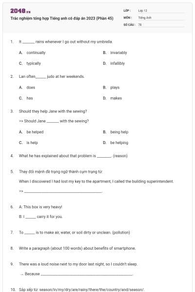 Trắc nghiệm tổng hợp Tiếng anh có đáp án 2023 (Phần 45)