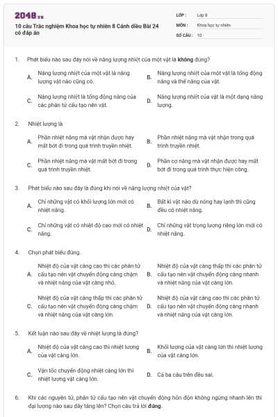 10 câu Trắc nghiệm Khoa học tự nhiên 8 Cánh diều Bài 24 có đáp án