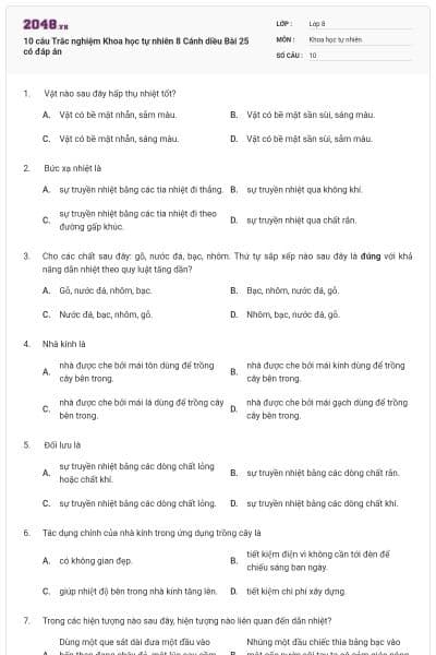 10 câu Trắc nghiệm Khoa học tự nhiên 8 Cánh diều Bài 25 có đáp án
