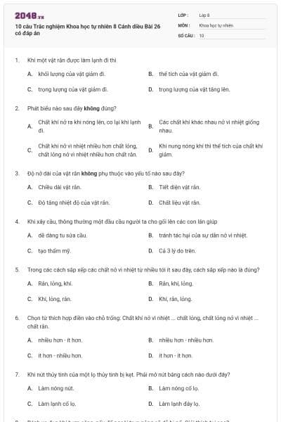 10 câu Trắc nghiệm Khoa học tự nhiên 8 Cánh diều Bài 26 có đáp án