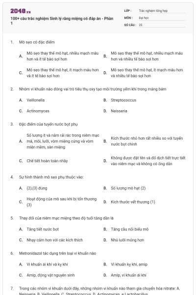 100+ câu trắc nghiệm Sinh lý răng miệng có đáp án - Phần 1