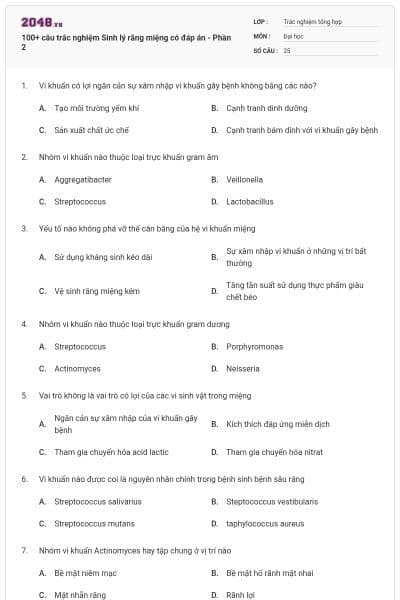 100+ câu trắc nghiệm Sinh lý răng miệng có đáp án - Phần 2