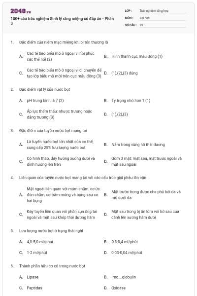 100+ câu trắc nghiệm Sinh lý răng miệng có đáp án - Phần 3