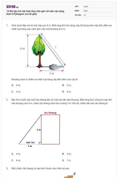 10 Bài tập Các bài toán thực tiễn gắn với việc vận dụng định lí Pythagore (có lời giải)