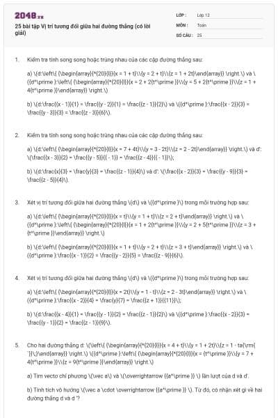 25 bài tập Vị trí tương đối giữa hai đường thẳng (có lời giải)