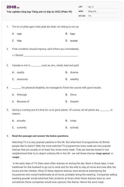 Trắc nghiệm tổng hợp Tiếng anh có đáp án 2023 (Phần 49)