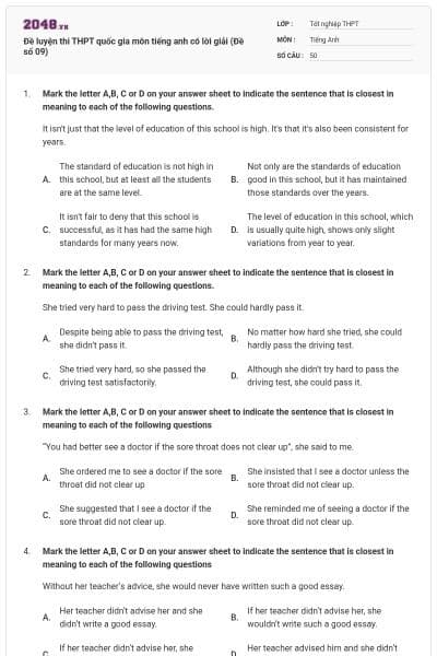 Đề luyện thi THPT quốc gia môn tiếng anh có lời giải (Đề số 09)