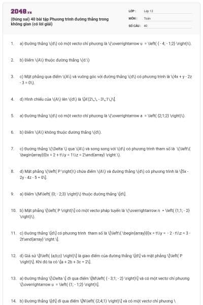 (Đúng sai) 40 bài tập Phương trình đường thẳng trong không gian (có lời giải)