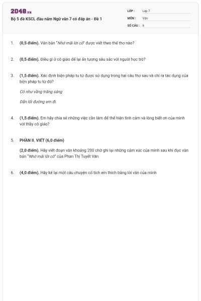 Bộ 5 đề KSCL đầu năm Ngữ văn 7 có đáp án - Đề 1