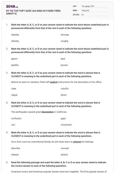 KỲ THI THỬ THPT QUỐC GIA NĂM 2019 MÔN TIẾNG ANH(P13)
