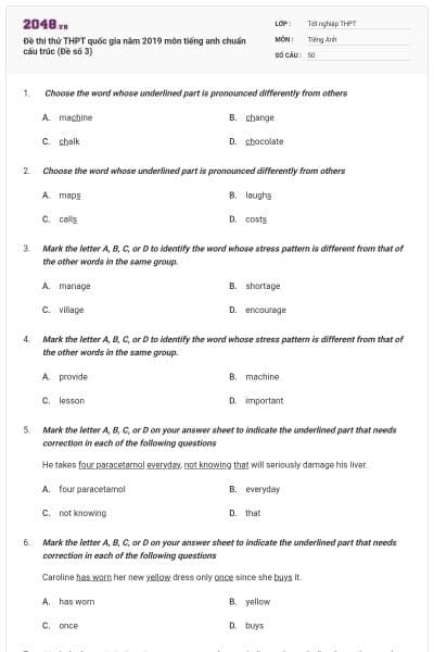 Đề thi thử THPT quốc gia năm 2019 môn tiếng anh chuẩn cấu trúc (Đề số 3)