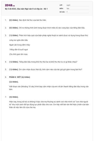 Bộ 5 đề KSCL đầu năm Ngữ văn 8 có đáp án - Đề 1