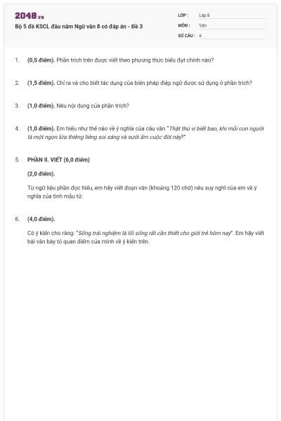 Bộ 5 đề KSCL đầu năm Ngữ văn 8 có đáp án - Đề 3