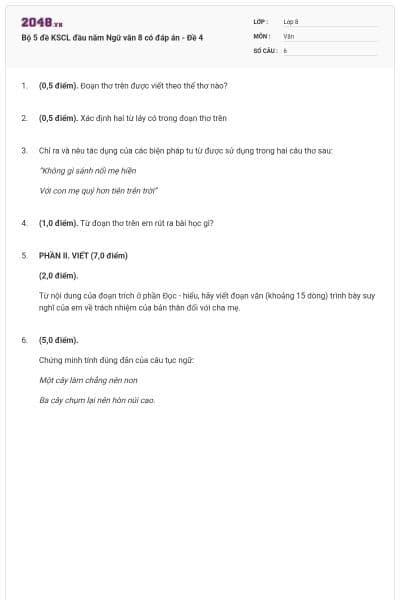 Bộ 5 đề KSCL đầu năm Ngữ văn 8 có đáp án - Đề 4