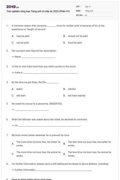 Trắc nghiệm tổng hợp Tiếng anh có đáp án 2023 (Phần 51)