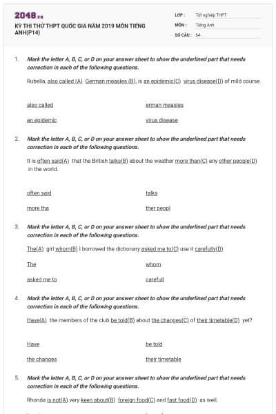 KỲ THI THỬ THPT QUỐC GIA NĂM 2019 MÔN TIẾNG ANH(P14)