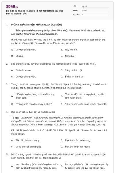 Bộ 4 đề thi giữa kì 1 Lịch sử 11 Kết nối tri thức cấu trúc mới có đáp án - Đề 3