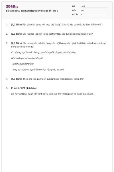 Bộ 5 đề KSCL đầu năm Ngữ văn 9 có đáp án - Đề 5