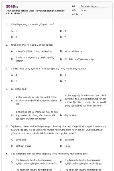 100+ câu trắc nghiệm Chọn lọc và nhân giống vật nuôi có đáp án - Phần 2