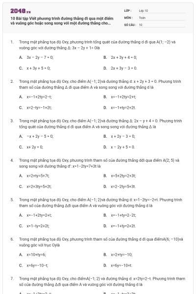 10 Bài tập Viết phương trình đường thẳng đi qua một điểm và vuông góc hoặc song song với một đường thẳng cho trước (có lời giải)