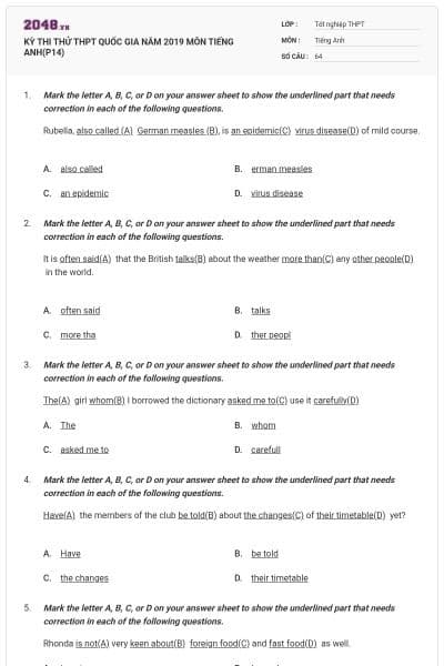 KỲ THI THỬ THPT QUỐC GIA NĂM 2019 MÔN TIẾNG ANH(P14)