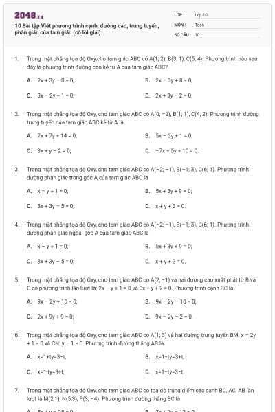 10 Bài tập Viết phương trình cạnh, đường cao, trung tuyến, phân giác của tam giác (có lời giải)