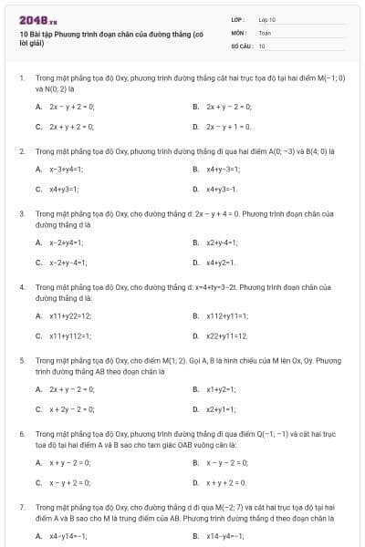 10 Bài tập Phương trình đoạn chắn của đường thẳng (có lời giải)