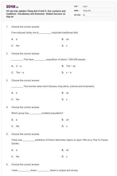 20 câu trắc nghiệm Tiếng Anh 8 Unit 5. Our customs and traditions -Vocabulary and Grammar- Global Success có đáp án