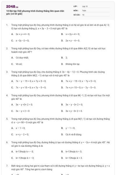 10 Bài tập Viết phương trình đường thẳng liên quan đến góc (có lời giải)