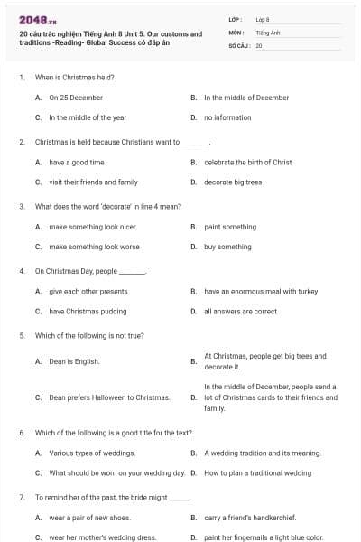 20 câu trắc nghiệm Tiếng Anh 8 Unit 5. Our customs and traditions -Reading- Global Success có đáp án