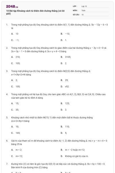 10 Bài tập Khoảng cách từ điểm đến đường thẳng (có lời giải)