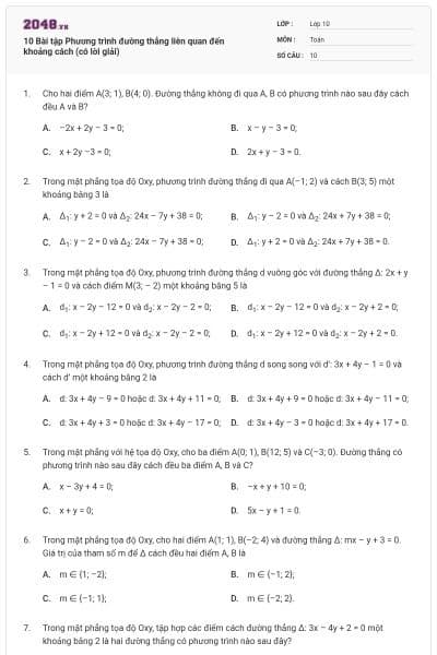10 Bài tập Phương trình đường thẳng liên quan đến khoảng cách (có lời giải)