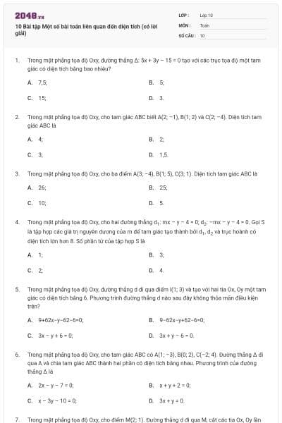 10 Bài tập Một số bài toán liên quan đến diện tích (có lời giải)