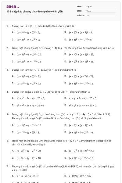 10 Bài tập Lập phương trình đường tròn (có lời giải)