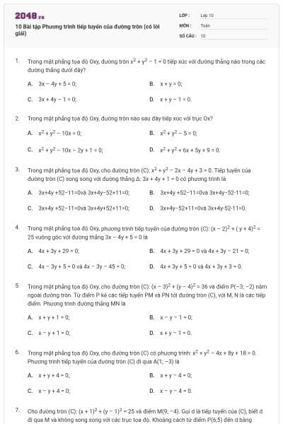 10 Bài tập Phương trình tiếp tuyến của đường tròn (có lời giải)