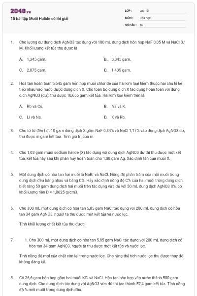 15 bài tập Muối Halide có lời giải