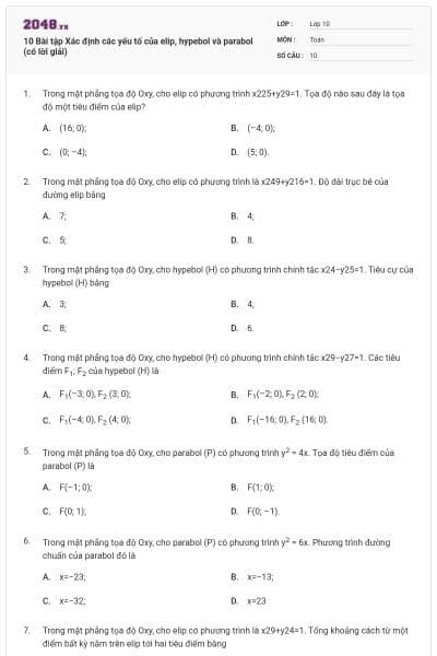10 Bài tập Xác định các yếu tố của elip, hypebol và parabol (có lời giải)