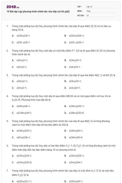 10 Bài tập Lập phương trình chính tắc của elip (có lời giải)