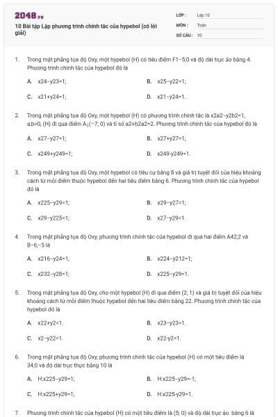 10 Bài tập Lập phương trình chính tắc của hypebol (có lời giải)