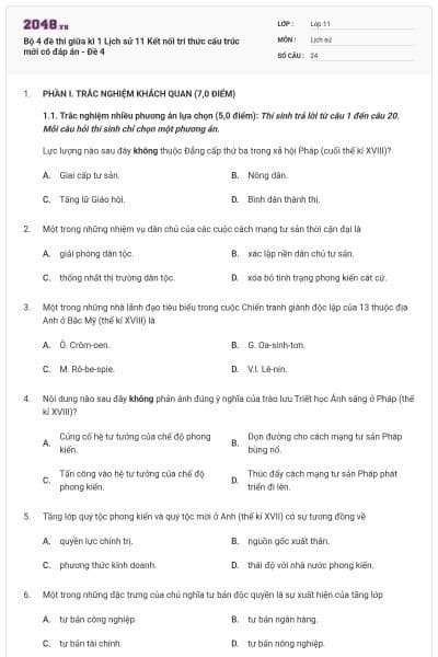 Bộ 4 đề thi giữa kì 1 Lịch sử 11 Kết nối tri thức cấu trúc mới có đáp án - Đề 4