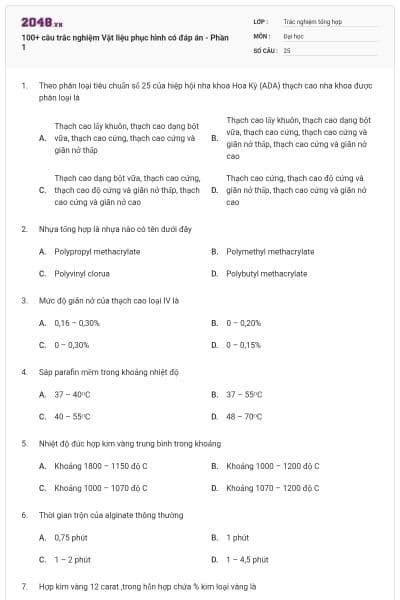 100+ câu trắc nghiệm Vật liệu phục hình có đáp án - Phần 1