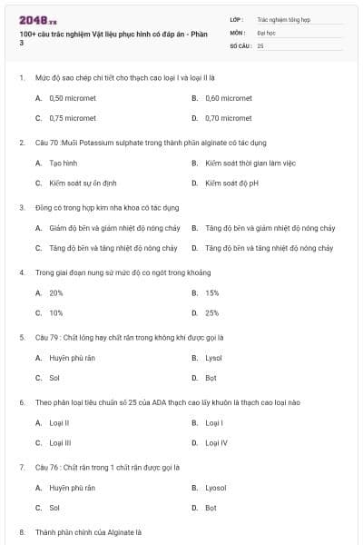 100+ câu trắc nghiệm Vật liệu phục hình có đáp án - Phần 3