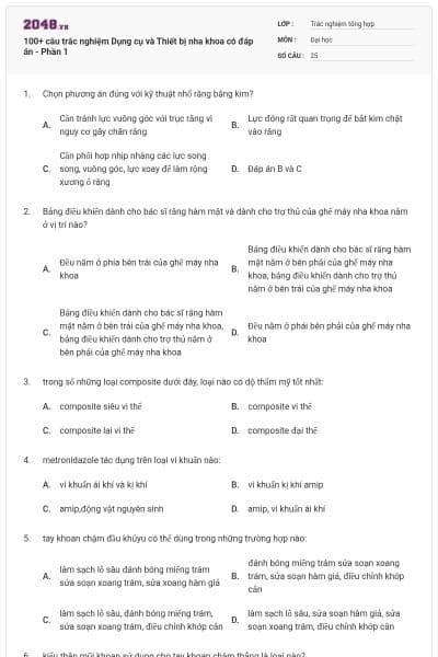 100+ câu trắc nghiệm Dụng cụ và Thiết bị nha khoa có đáp án - Phần 1