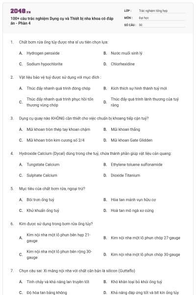 100+ câu trắc nghiệm Dụng cụ và Thiết bị nha khoa có đáp án - Phần 4