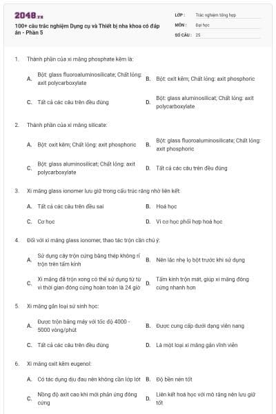 100+ câu trắc nghiệm Dụng cụ và Thiết bị nha khoa có đáp án - Phần 5