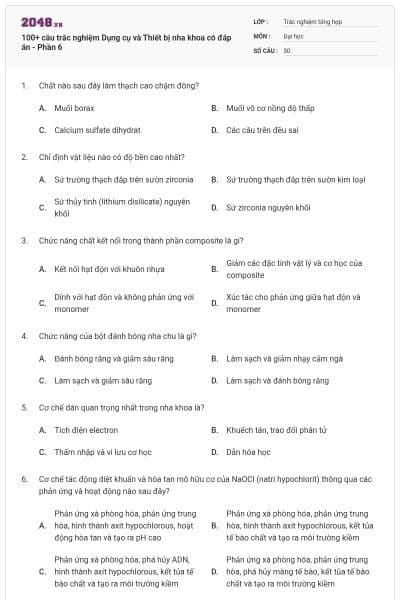 100+ câu trắc nghiệm Dụng cụ và Thiết bị nha khoa có đáp án - Phần 6