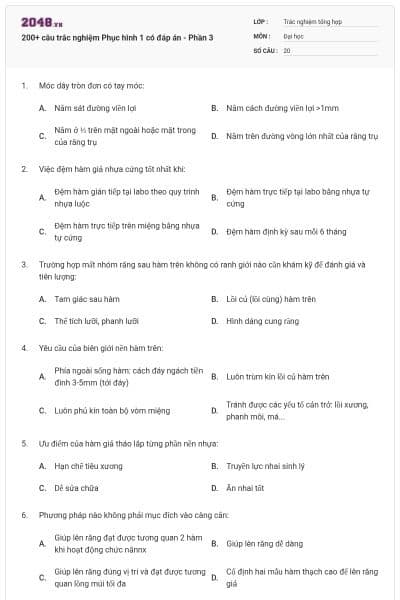 200+ câu trắc nghiệm Phục hình 1 có đáp án - Phần 3